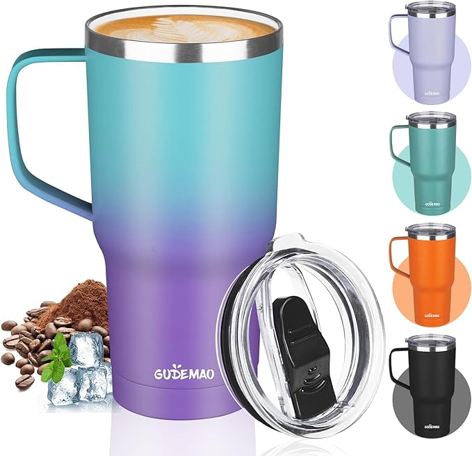 20 oz Insulated Coffee Mug with Ceramic Coating, Stainless Steel Travel Mug Tumbler with Handle Lid and Straw, Double Wall Leak-Proof Coffee Travel Mug Keeps Drink Hot and Cold (Azure Purple)