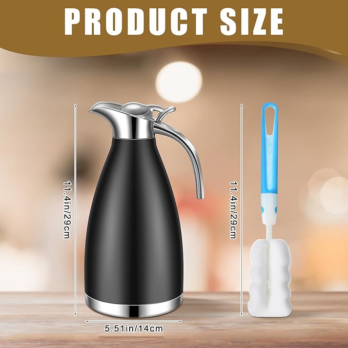 Uiifan 2 Pcs 68 oz Thermal Coffee Carafe Insulated Stainless Steel Coffee Carafe for Hot Liquids Vacuum Thermal Pot Creamer Dispenser with Brushes Keeping Hot Tea Milk Water(Black)