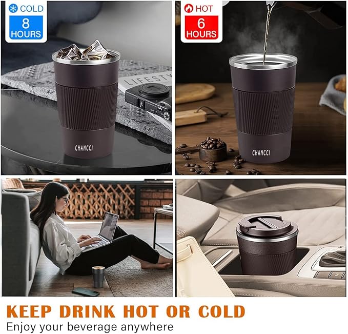 Travel Coffee Mug Spill Proof Leakproof 16 oz Insulated Coffee Mug with Screw Lid, Stainless Steel Vacuum Tumbler Reusable Thermal Coffee Cup to go for Hot and Cold Drinks -510ml, Brown