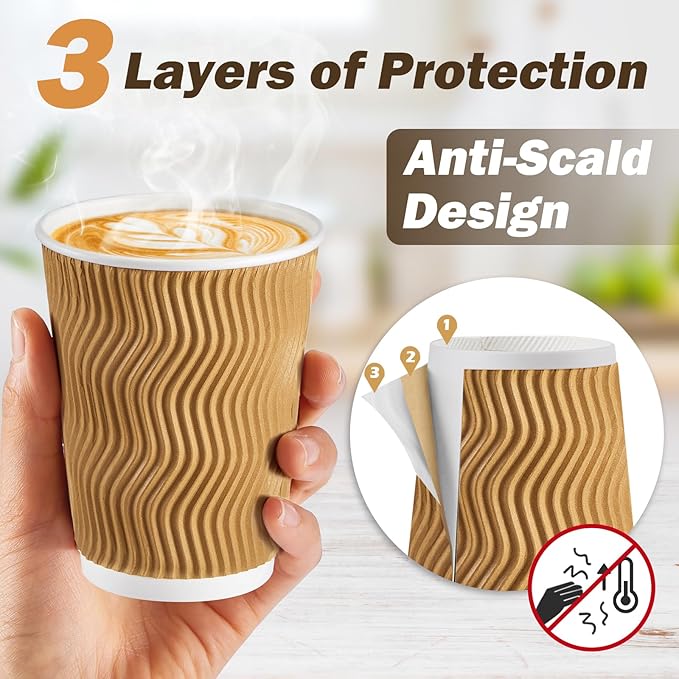12 oz Coffee Cups-90 Pack Disposable Coffee Cups with Lids and Straws, Insulated Ripple Wall To Go Paper Coffee Cup for Coffee, Hot Chocolate and Hot Tea Drinks - Champagne