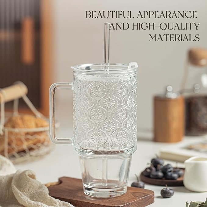KEMORELA 4-Pack 24 Oz Glass Tumblers with Straws and Lids, Iced Coffee Cups with Begonia Floral Pattern, Smoothie Cups with Handles, Reusable Cold Drinkware, Glass Tumblers for Beverages