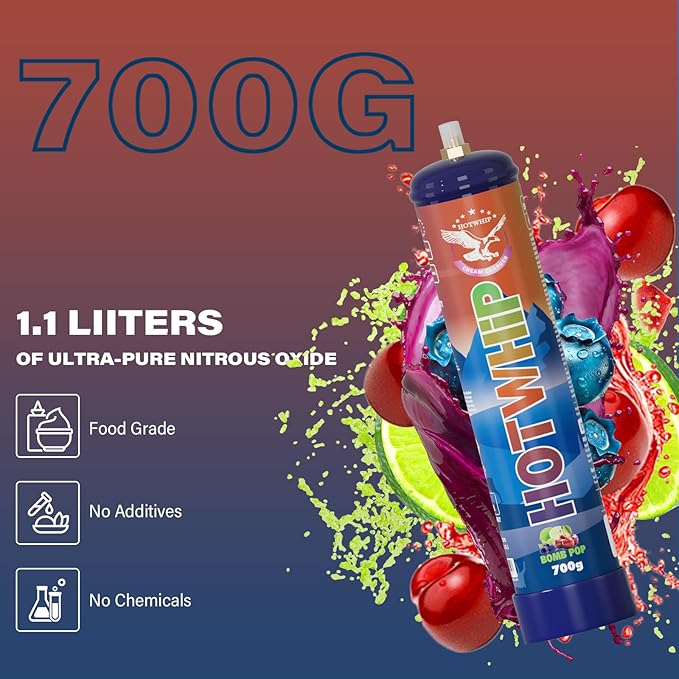 Whipped Cream Charger 700g,1.1L Tank,Cream Charger Food Grade Bombpop Flavor 99.99% Purity Premium Cream Cylinder(1,700g Bombpop)
