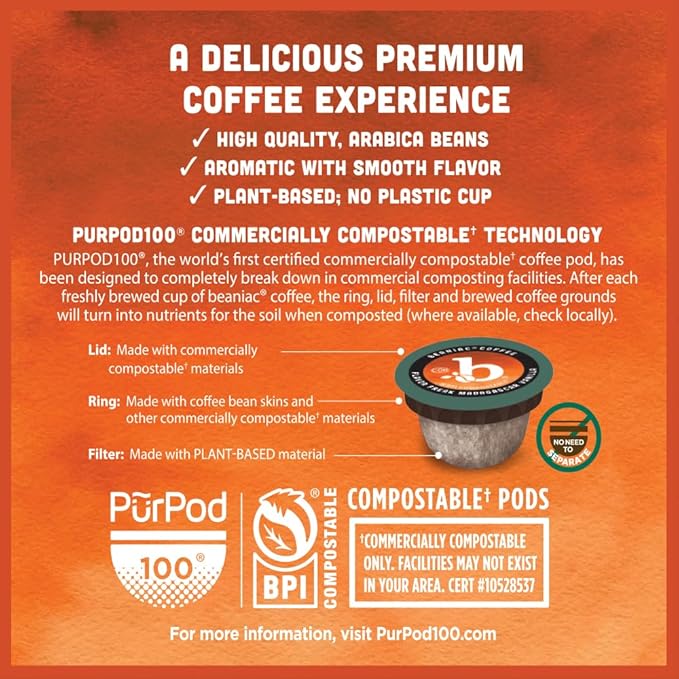 beaniac Sweet n' Saucy Caramel, Flavored Light Roast, Single Serve Compostable K Cup Coffee Pods, Arabica Coffee with Natural Flavors, Keurig Brewer Compatible, 30 Count