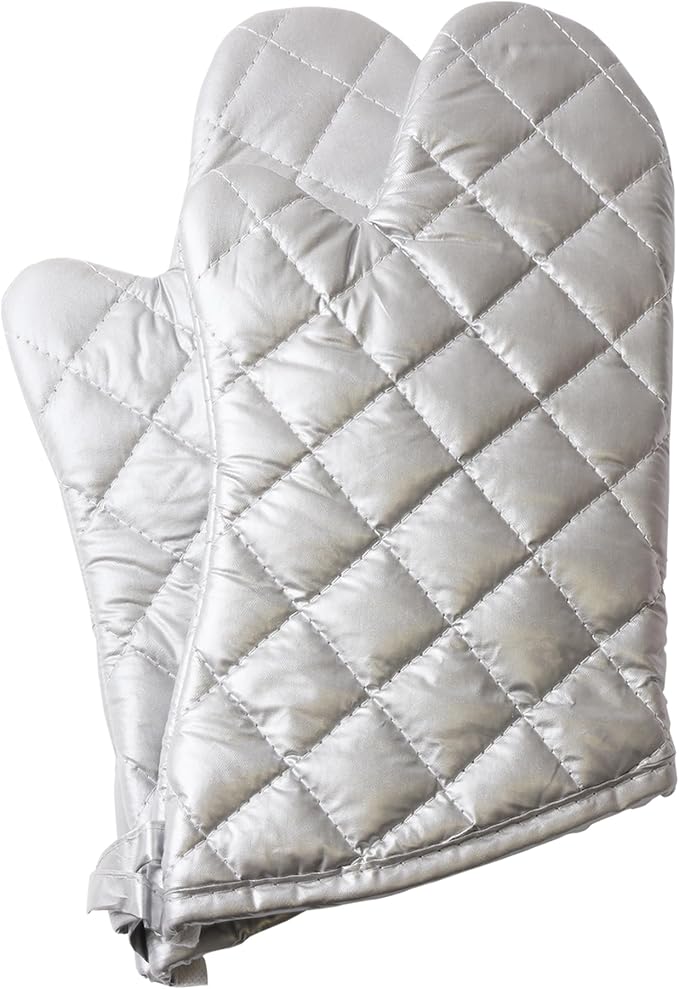 Silver Oven Mitts,Quilted Cotton Lining 13 Inch Oven Gloves,Heat Resistant for Kitchen Cooking,Grilling,Backing,Set of 2