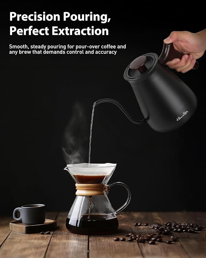 Harriet Gooseneck Electric Kettle - 1200W Fast Heat, 0.8L Stainless Steel, Precision Temp Control & Timer, Wood Handle, Pour Over Coffee and Tea, Black