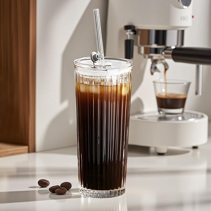 18oz Ribbed Glass Tumbler with Lid and Straw Set of 2: Leak-Proof Drinking Glasses to Go, Reusable Iced Coffee Cups for Cold Drinks, Juice, Smoothie, Glass Cups with Stylish Ribbed Design