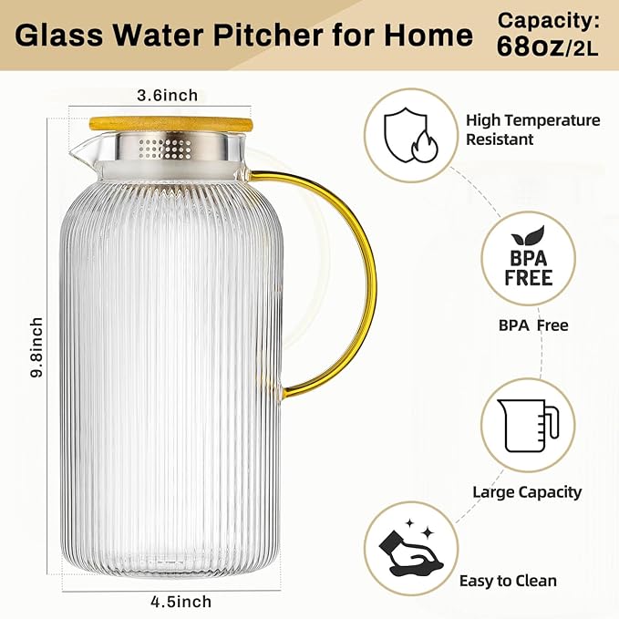 Glass Pitcher with Lid, 2 PACK 68 oz/2 Liter Vertical Water Pitcher With Serving Tray, Clear Borosilicate Glass Water Carafe for Cold Brew, Coffee, Lemonade, Iced Sun Tea,Beverage,Heat Resistant