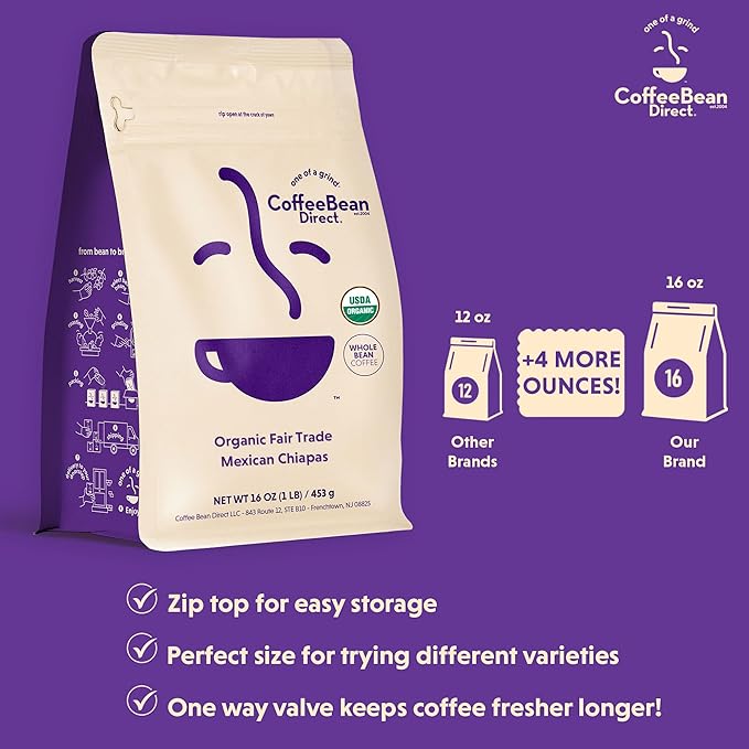 Coffee Bean Direct Organic Fair Trade Mexican Chiapas, Whole Bean Coffee, Light Roast, 1 Pound Bag (Pack of 1)