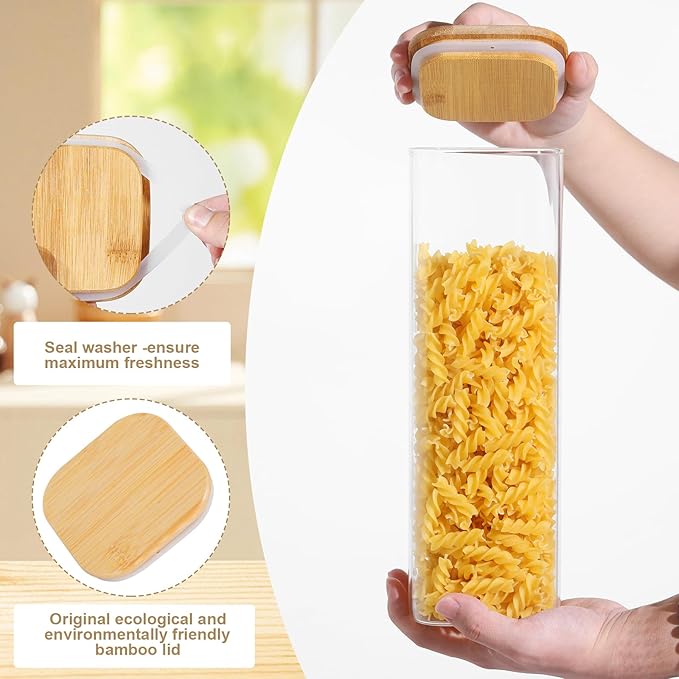 Glass Food Storage Jars with Lids(76oz)Square Set of 3 ,Glass Storage Containers Clear Glass Food Canister with Bamboo Lid Airtight For Serving Tea, Coffee Beans, Flour,Cookie, Cereal,Spice and More
