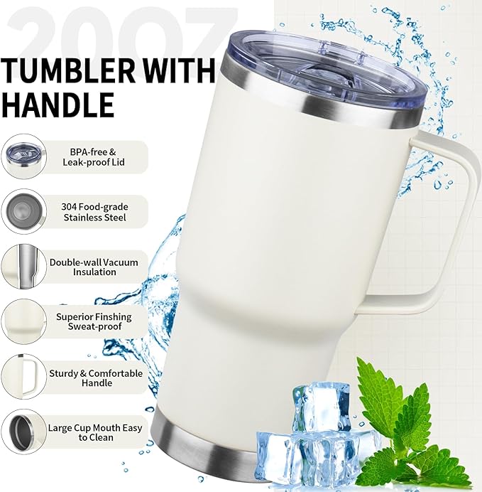 20oz Insulated Tumbler with Handle Stainless Steel Travel Coffee Mug with Lid and Straw Double Wall Vacuum Leak-proof Reusable Thermal Water Cup for Hot and Cold Drinks (Cream,1 Pack)