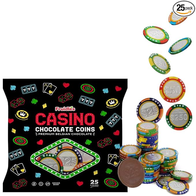 Fruidles 25-Pack Casino Poker Chips, Belgian Milk Chocolate Coins, Kosher Certified Dairy, Non GMO