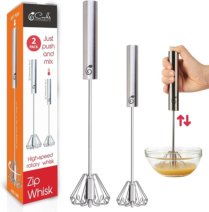 Stainless Steel Egg Whisk - Easy to Use Semi-Automatic Push-Down Zip Whisker - Rotary Hand Mixer for Beating Eggs, Frothing Milk, Blending, Mixing, Whipping Smoothies & Shakes - 2 Pack (12 &14 Inch)