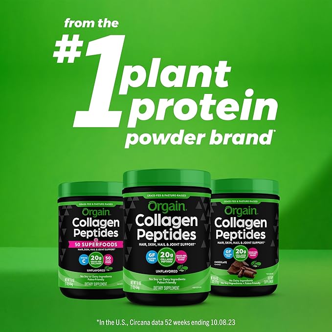 Orgain Hydrolyzed Collagen Peptides Powder For Women & Men, Chocolate, 20g Grass Fed Collagen - Hair, Skin, Nail, & Joint Support Supplement, Paleo & Keto, Non-GMO, Type I and III, 1lb