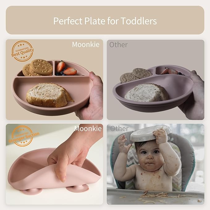 Moonkie Suction Plates for Baby | 100% Silicone BPA-Free Baby Plates with Lids and Food Cover | Divided Design | Microwave and Dishwasher Safe | Toddler Plates 3 Pack