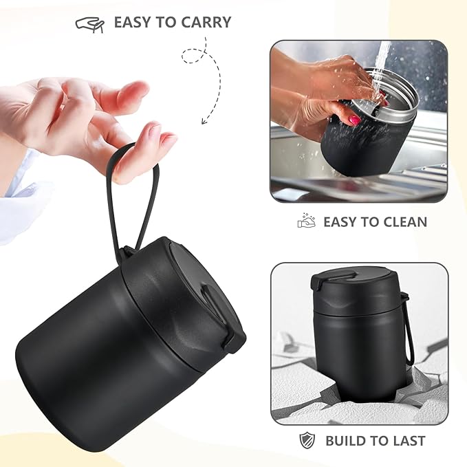 17oz Soup Thermo for Hot Food Kids Insulated Vacuum Food Jar with Stainless Steel Spoon Wide Mouth Thermo Leakproof Lunch Food Container Kids Hot Lunch Box (Black)