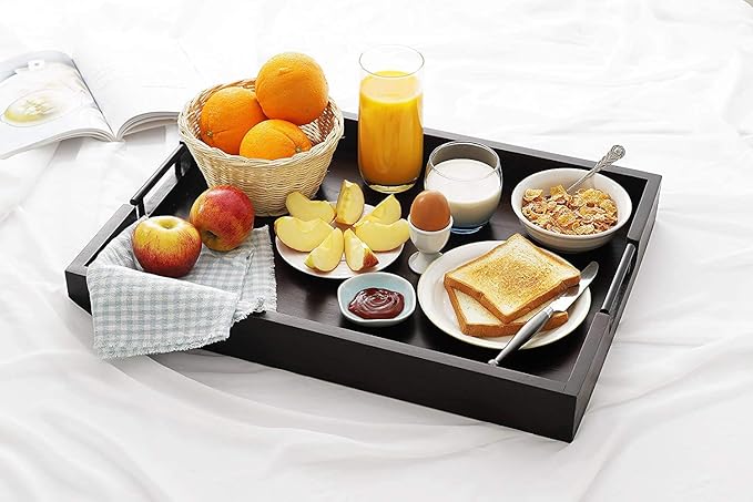 Ottoman Tray, Acacia Wood Serving Tray with Metal Handles, 16.5x12.5in Food Drinks Tray for Coffee Table, Breakfast, Dinner & Bar, Rustic Decorative Storage Tray for Ottoman, Kitchen, Packaging
