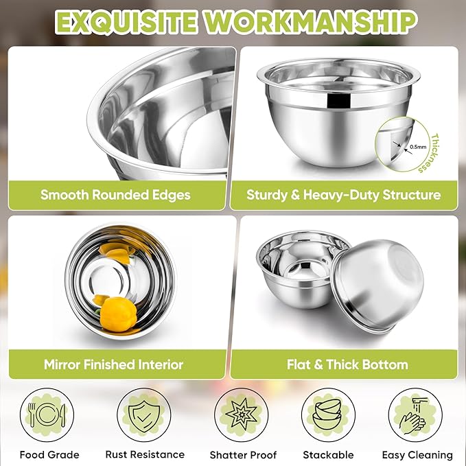 TeamFar Mixing Bowls, 4.5/3/1.5/1/0.7 QT, Stainless Steel Metal Nesting Salad Bowl with Lid Set of 5, Ideal for Prepping Serving, Healthy & Sturdy, Airtight Lid & Easy Clean, Multi-Color