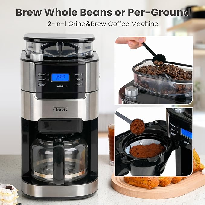 Gevi 10-Cup Coffee Maker with Built-in Burr Grinder, Programmable Timer, 1.5L Water Tank, Reusable Filter & Warming Plate – Drip Coffee Machine for Fresh Ground Coffee