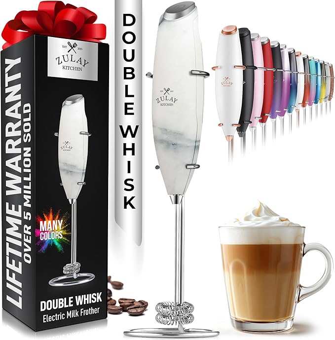 Zulay Kitchen Powerful Double Whisk Milk Frother Handheld - Foam Maker With Stand - Whisk Drink Mixer for Coffee, Mini Foamer for Latte, Matcha, Frappe, Hot Chocolate & Cappuccino (Crystal Quartz)