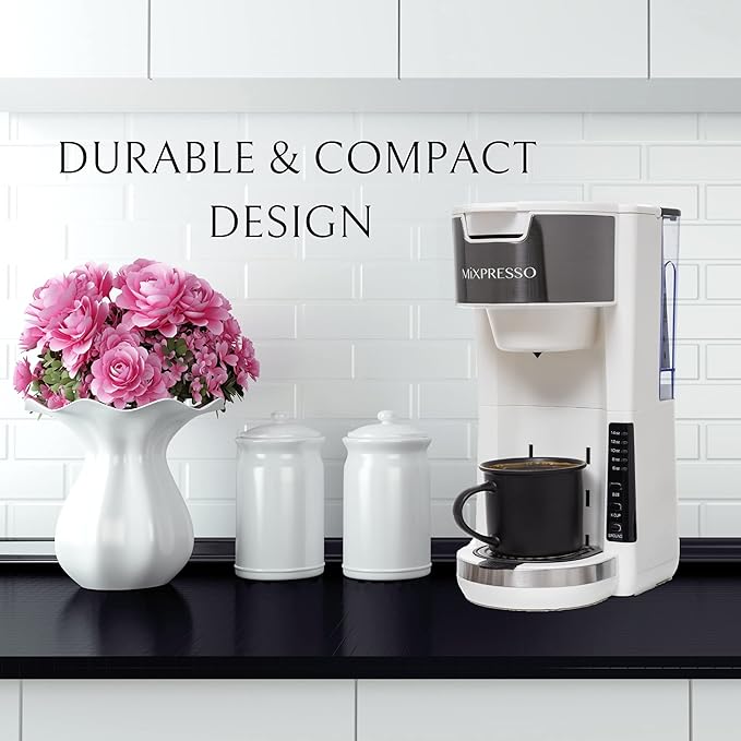 Mixpresso White Single Serve Coffee Brewer K-Cup Pods Compatible & Ground, 30 oz Compact Coffee Maker Single Serve With 5 Brew Sizes Up To 14 Oz, Fits Travel Mug, Adjustable Drip Tray