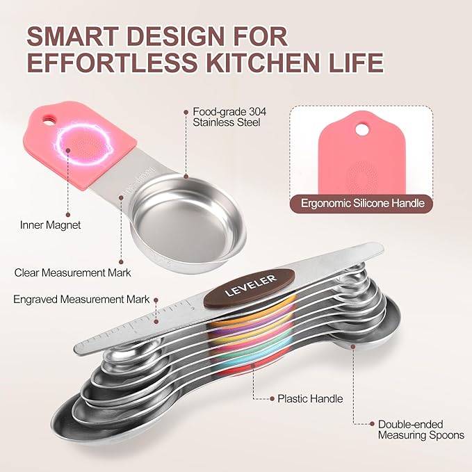 16-Piece Stainless Steel Measuring Cups and Spoons Set, Strong Magnetic Nesting Design 7 Cups 8 Spoons with Leveler, Double Measurement Markings for Dry & Liquid Ingredients, Colorful