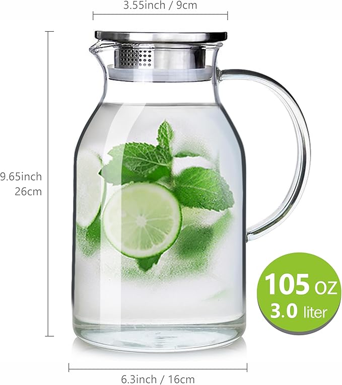 105OZ Glass Pitcher with Lid and Spout - High Heat Resistance Pitcher for Hot/Cold Water & Iced Tea (XL3.0L)
