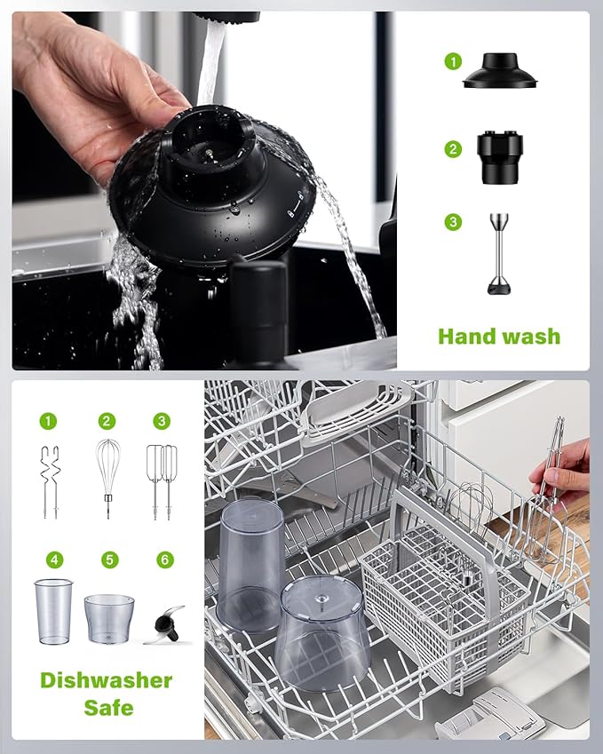 6-in-1 Immersion Blender, 1000W Hand Blender with 20 Speeds, Scratch-Resistant Stick Mixer with Whisk, Chopper, Beaker, Egg Beaters & Dough Hooks – Heavy Duty Hand Mixer, Black