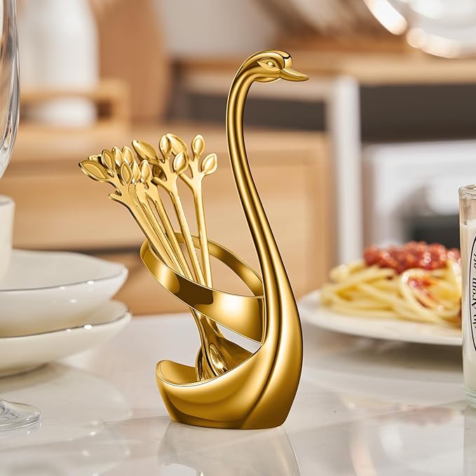 AnSaw Gold Small Coffee Spoon Holder Set,Swan Base With 10 Pcs Demitasse Espresso Spoons Set,4.7" Mini Leaf Dessert Spoon,Stainless Steel Tea Spoons