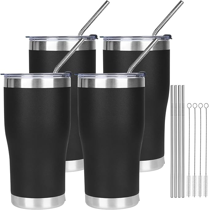 MEZMUT 4 Pack 20oz Insulated Coffee Tumbler with Lid and Straw Double Wall Vacuum Insulated Cup Stainless Steel Travel Mugs Leakproof Powder Coated Tumbler for Indoor Outdoor(Black)