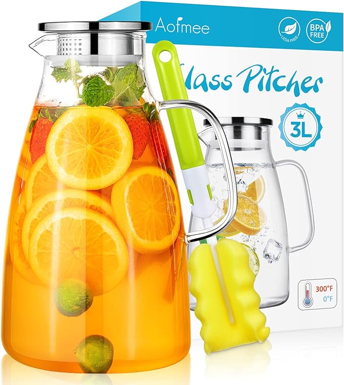 Aofmee 100 Oz Glass Pitcher, 3L Water Pitcher with Lid, Iced Tea Jar with 304 Stainless Steel Lid and Spout, Heat Resistant Jug for Sun Tea, Water Carafe for Cold or Hot Beverage Serveware Juice