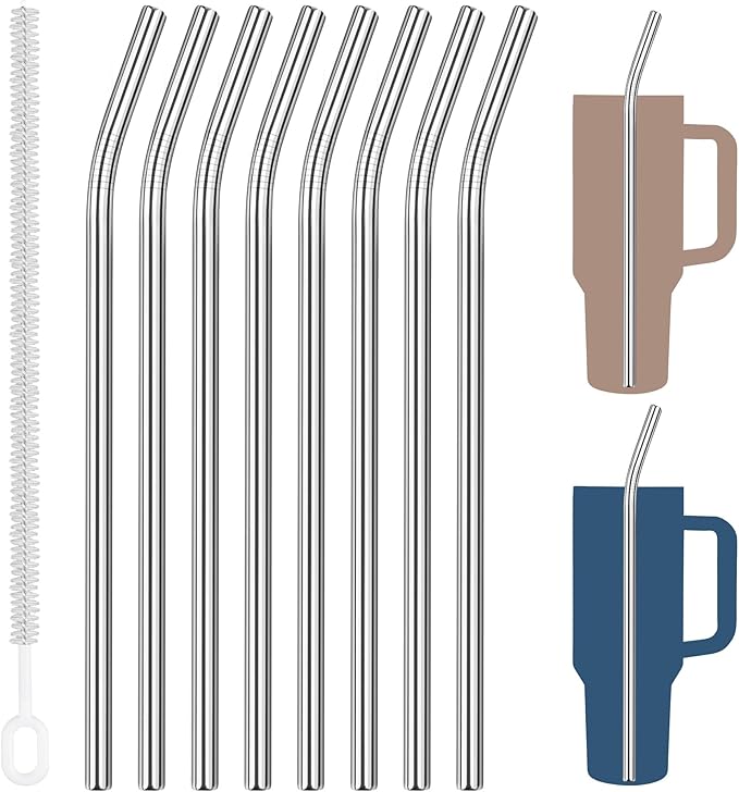 Tomorotec 8-Pack Bent Stainless Steel Straws for 40oz Stanley Tumblers, 12" Metal Straws for Stanley Cup with 1 Brush, Reusable Drinking Straws for Smoothies, Milkshakes, Dishwasher Safe (Silver)