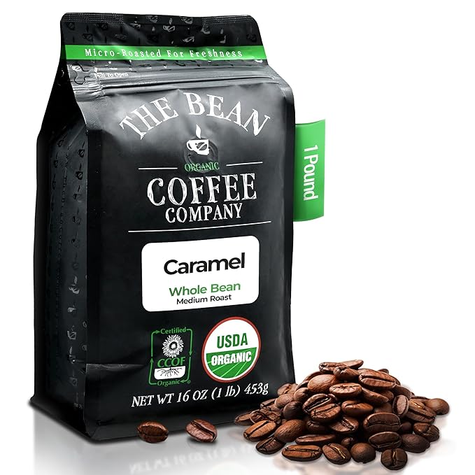 The Bean Organic Coffee Company Caramel, Medium Roast, Whole Bean Coffee, 16-Ounce Bag