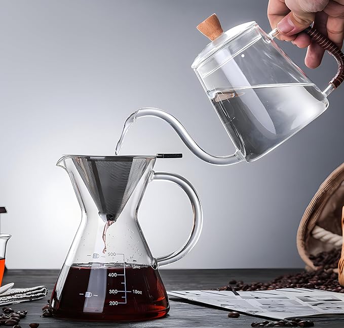 Pour Over Coffee Maker with Reusable Stainless Steel Drip Filter, Glass Drip Coffee Maker Set, Lead-Free Borosilicate Glass Coffee Carafe for 1-4Cup, Clear (500ml/17oz)