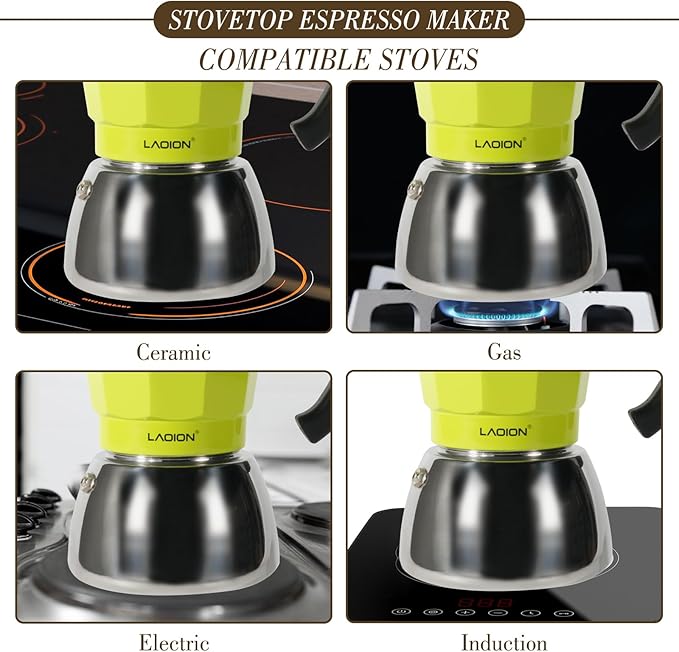 Stovetop Espresso Maker, 6Cup Moka Pot, Espresso Machine Compatible with Induction Cooktops, 300ml Stainless Steel & Aluminum Cuban Coffee Maker for Cafetera Cubana, Green
