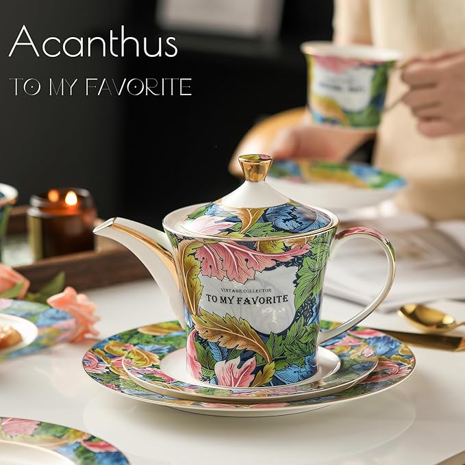 ACMLIFE Tea Cup and Saucer Set for 1, Vintage Floral Bone China Tea Cup Set with Saucer 24K Gold, Porcelain Tea Cup with Spoon and Gift Box, 6.8 oz (Green)