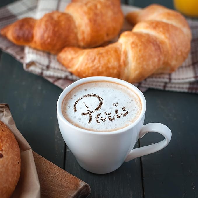 NAKLEO Coffee Stencils and Cookies Decoration 14Pcs 2.8”x2.8” and 4.3”x4.3”, Reusable Plastic Baking Templates, Paris Travel France, Barista DIY Art Craft, Capuccino Latte Chocolate Cake Biscuit