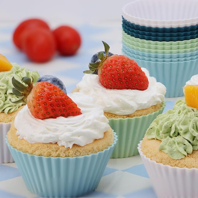 Silicone Baking Muffin Cups 12 Pack, Reusable Cupcake Liners Cake Molds, BPA Free, Dishwasher Safe(White, Green, Navy, Dusty Blue)