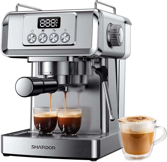 SHARDOR Espresso Machine 20 Bar with Milk Frother Steam Wand, Professional Latte & Cappuccino Maker for Home, 60 Oz Water Tank, Temperature Display, Stainless Steel, 1350W
