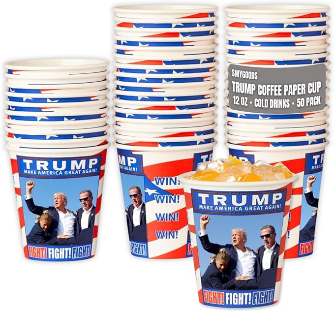 Smygoods Trump Design Disposable Paper Coffee Cups (12 OZ, 50 Count) For Hot Beverages, Tea, Espresso, Cocoa - To Go Drink Containers, Café & Office