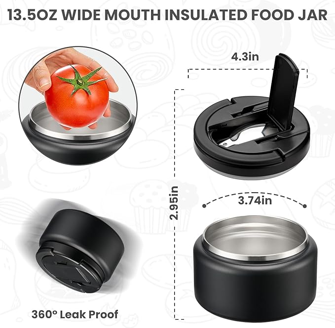Soup Thermo for Hot Food Kids 13.5oz Lunch Containers with Buckle Lid Wide Mouth Hot Food Jar Vacuum Insulated Stainless Steel Bento Box Leakproof with Spoon(Black)