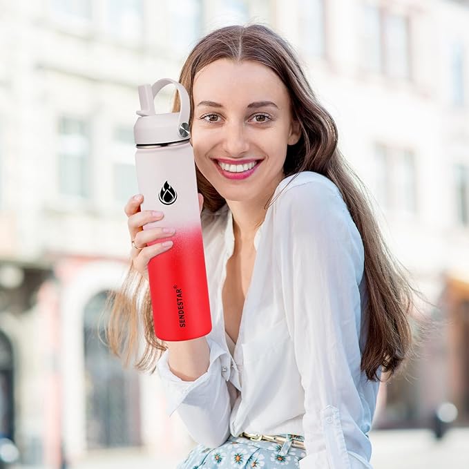 SENDESTAR Water Bottle 40oz Double Wall Vacuum Insulated Leak Proof Stainless Steel Sports Water Bottle—Wide Mouth with New Flex Straw Lid & Spout Lid (White&Red)