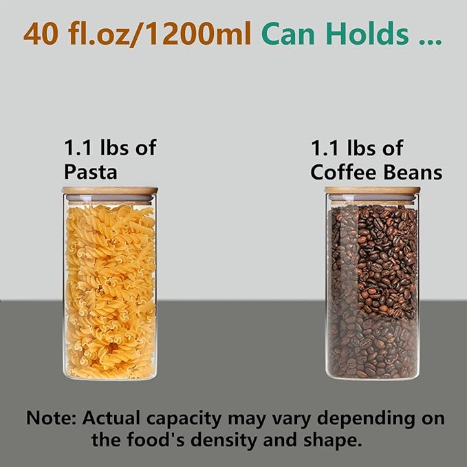 40oz Round Glass Storage Containers with Lids, Clear Food Storage Container Jar with Sealing Bamboo Lid for Noodles Flour Cereal Rice Sugar Tea Coffee Beans, Round Set of 3