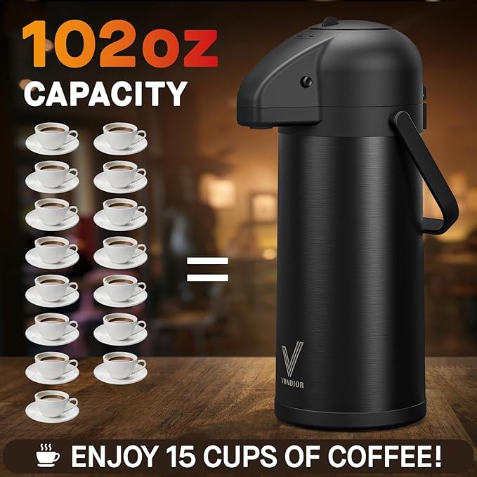 Airpot Coffee Carafe for Keeping Hot - 102 OZ/ 3.0L Coffee Dispenser with Pump - Insulated Stainless Steel thermal carafe for Hot Drinks Water Tea Chocolate - Hot Beverage Dispenser for Parties