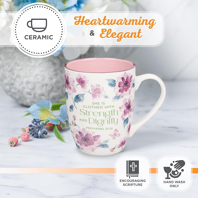 Christian Art Gifts Inspirational Ceramic Coffee & Tea Mug for Women: Strength & Dignity Encouraging Bible Verse Proverb, Microwave & Dishwasher Safe Drinkware, White, Pink & Fuchsia Floral, 12 oz.
