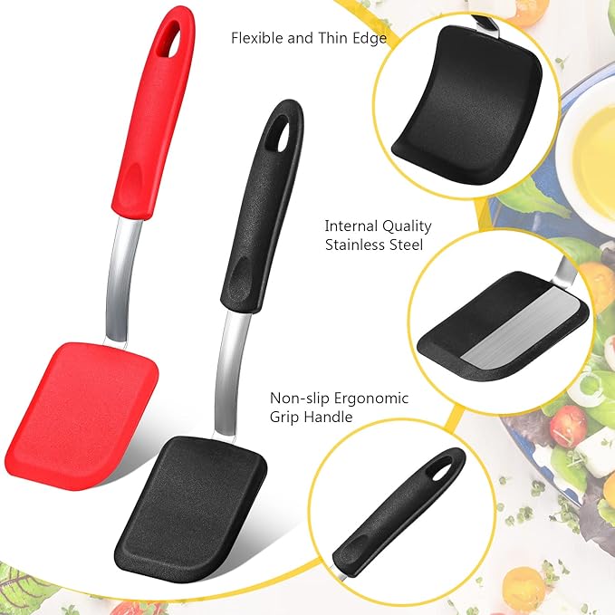 Silicone Cookie Spatula Turner 2 Pack Mini Brownie Spatula Flexible Kitchen Small Silicone Turner for Nonstick Cookware Heat Resistant No Scratch Flipper for Egg Pancake(Black, Red)