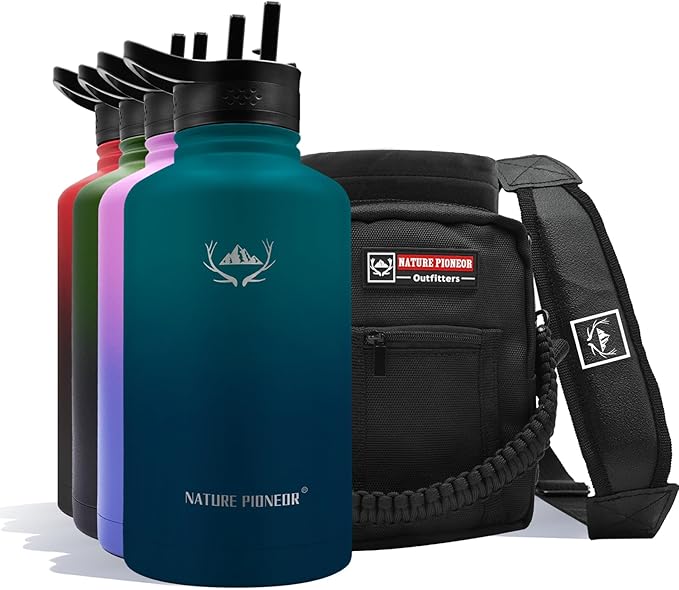 NATURE PIONEOR Insulated Water Bottles with Straw - 64oz Stainless Steel Vacuum Bottle with Holder/Carrier/Sleeve - Reusable 18/8 Food Grade Half Gallon Water Jug