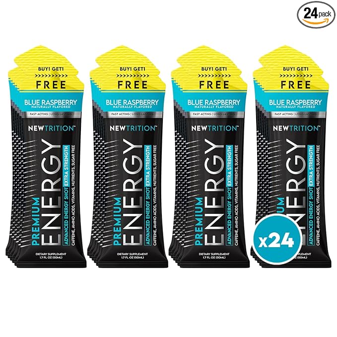 NewTrition® Extra Strength Energy Shots, 1.7 fl oz (Pack of 24, Blue Raspberry flavor) - 250mg Caffeine with Vitamin B & Amino Acids, Sugar-Free, Zero Calorie Vitamin Energy Drink for Focus & Endurance