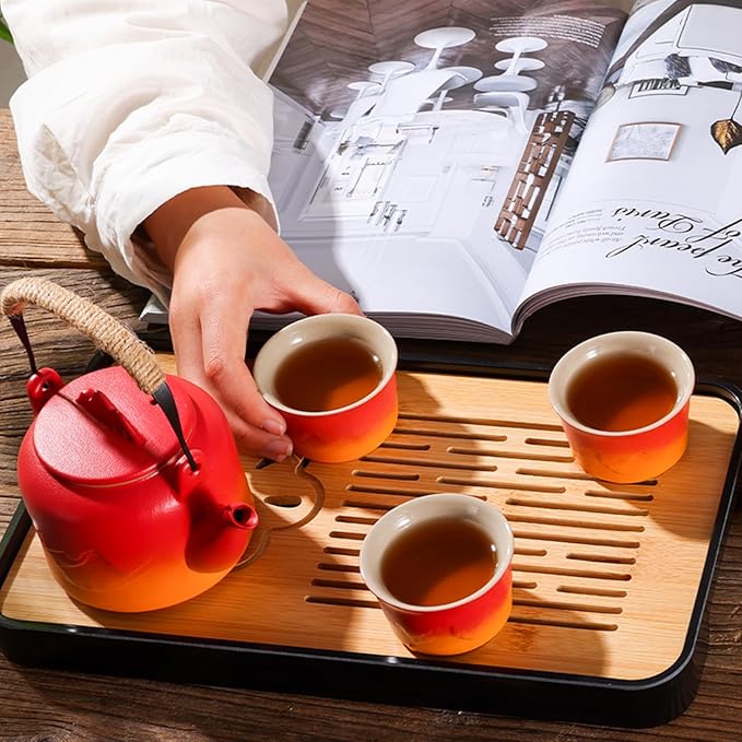 LURRIER Gongfu tea sets, Portable Ceramic TeaSet, Asian Tea sets for adult, Tea Gift sets, Grey leather case, Portable Travel Bag,Home,Gifting,Outdoor and Office(Red and Orange)