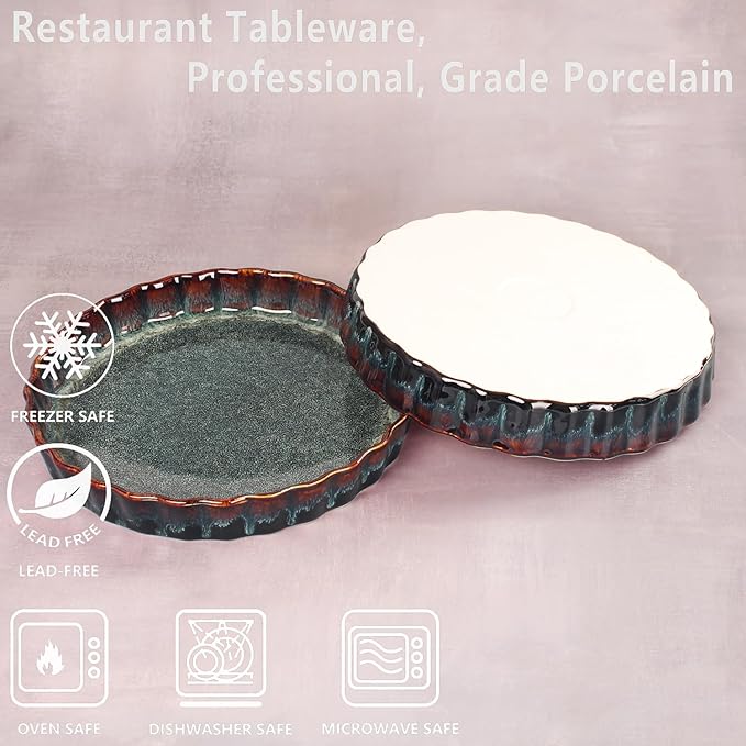7 Inch Ceramic Pie Pan Quiche Dish 13.5 Ounces Baking Pan, Set of 2 Au Gratin Baking Dishes, Non-Stick Tart Pan, Pie Plate for Apple, Oven Safe, Round Ruffled Edge 7.7 Inch