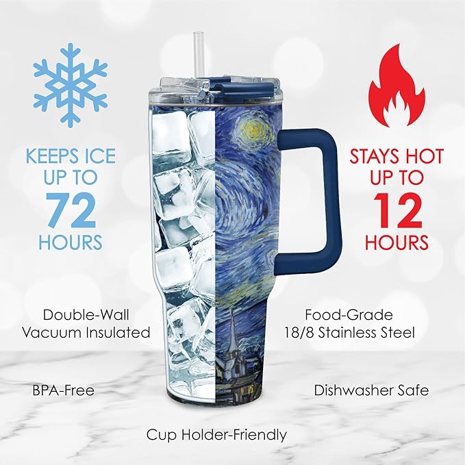 RainCaper 18/8 Stainless Steel Insulated Water Tumbler with Straw | 30oz, BPA-Free, Double Wall for Hot & Cold | Travel-Friendly, Cup Holder Ready (van Gogh Starry Night)